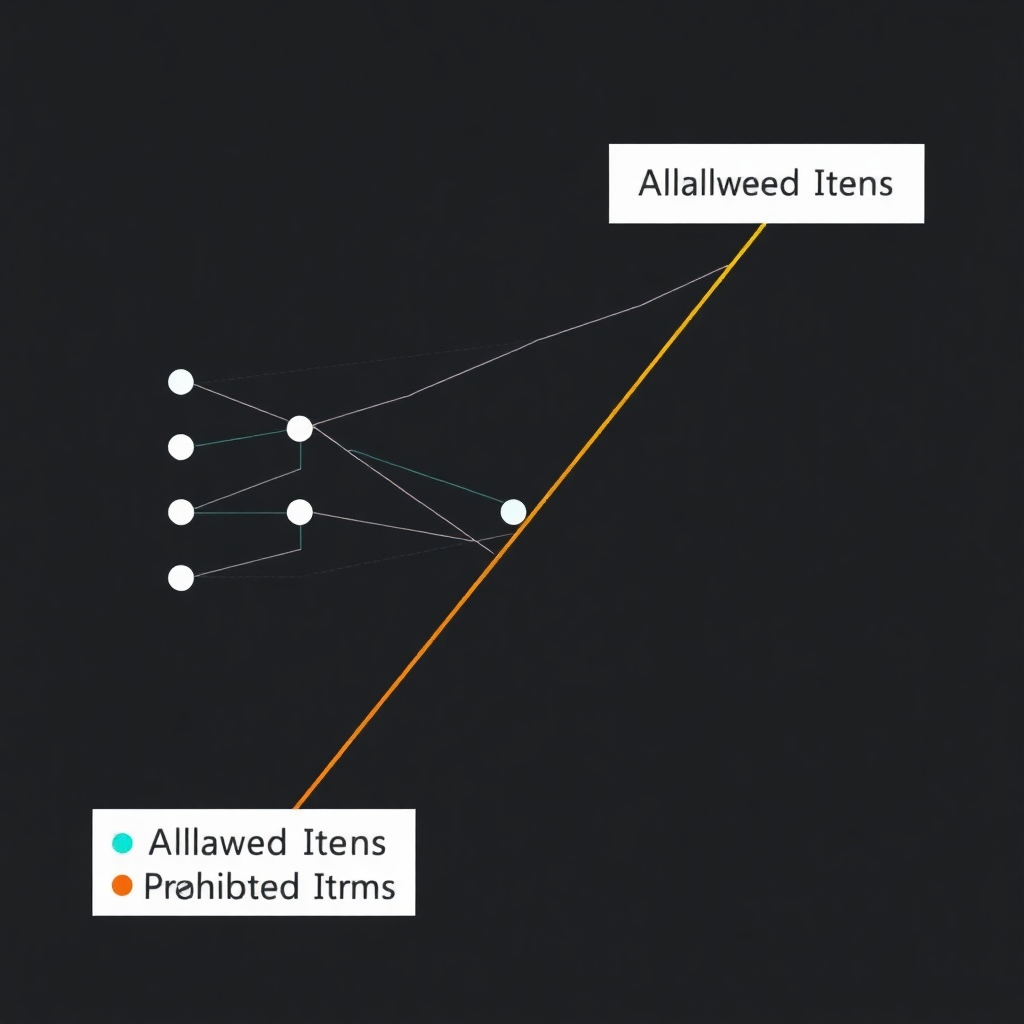 A graphical representation of a neural network. Illustrate layers, connections, and nodes clearly. Overlay lines showing a decision boundary separating two classifications (e.g., 'Allowed Items' and 'Prohibited Items'). Use color coding to differentiate between the two categories and label them.