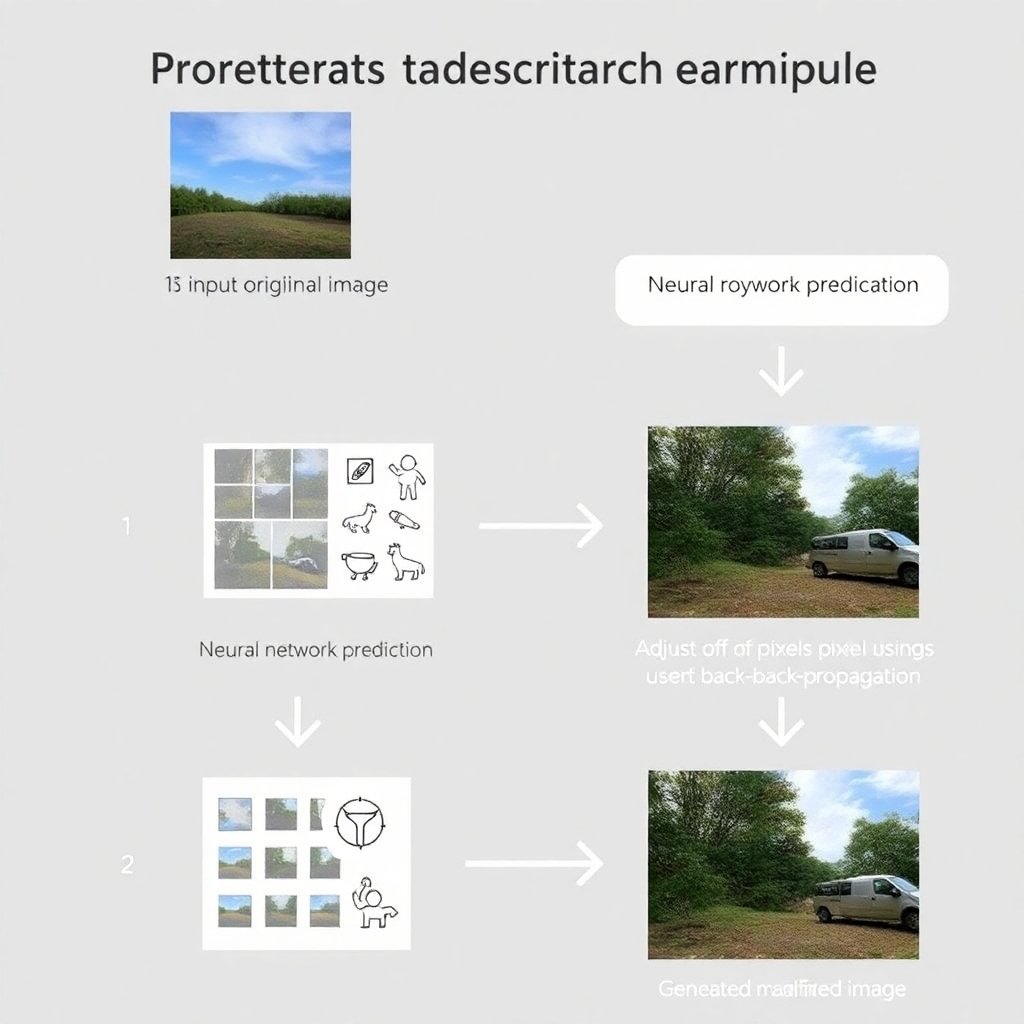 A diagram illustrating the process of creating adversarial examples. Steps include: 1) Input original image, 2) Neural network prediction, 3) Adjustment of pixels using back-propagation, 4) Generated manipulated image. Use icons or simple illustrations alongside each step for clarity. Add an arrow flow to connect each step.