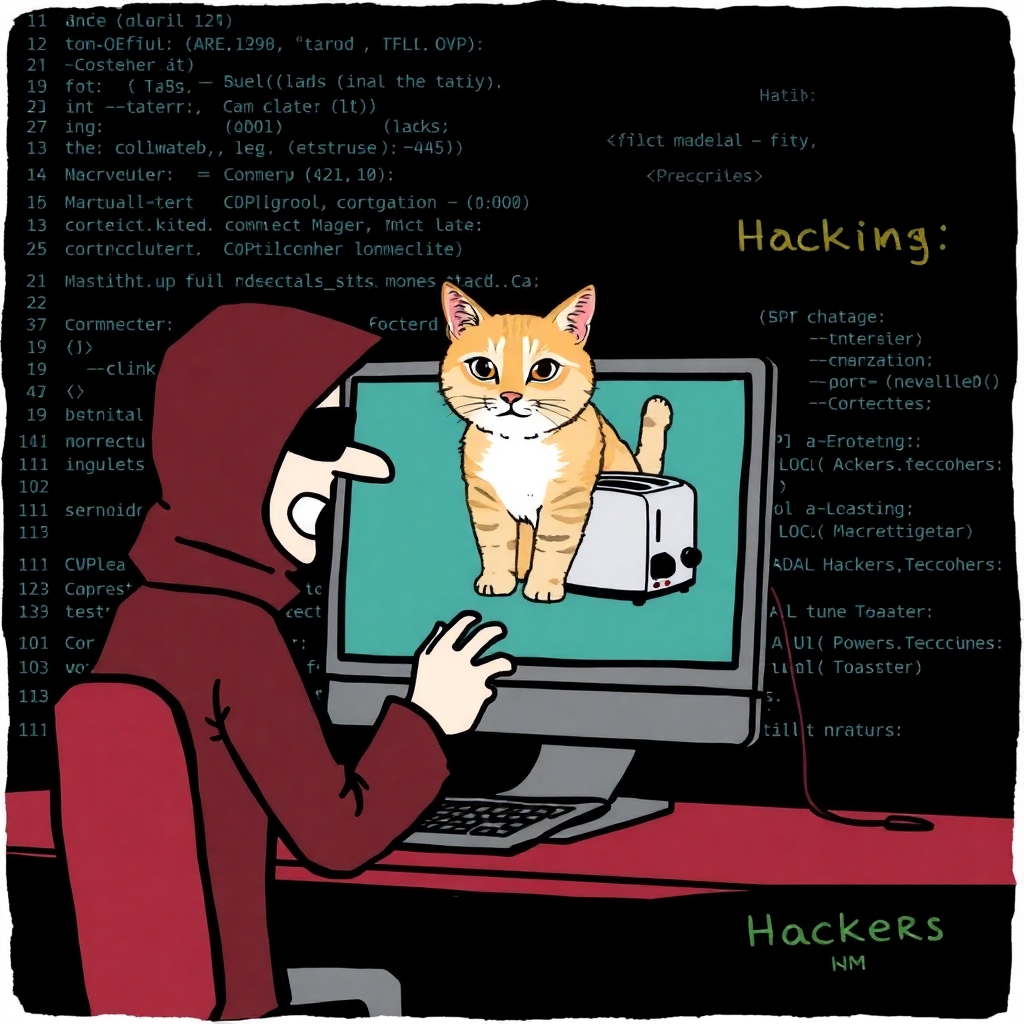 A simple cartoon showing a hacker manipulating an image on a computer screen to fool a neural network. The hacker is depicted in a humorous light, perhaps exaggerated features, and the image shows a clear depiction of a cat being altered to look like a toaster. Include visible code in the background hinting at programming, surrounded by dramatic elements like 'Hacking in Progress'.