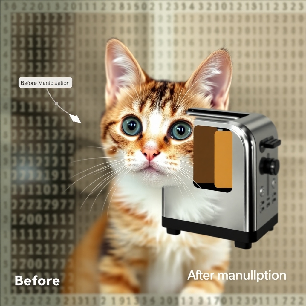 An artistic representation showing a neural network being tricked. A cat image is manipulated to appear like a toaster, illustrating the concept of adversarial examples in machine learning. The background shows a representation of a neural network, possibly with a matrix design, highlighting pixels being adjusted to fool the system. Include annotations like 'Before Manipulation' and 'After Manipulation'.