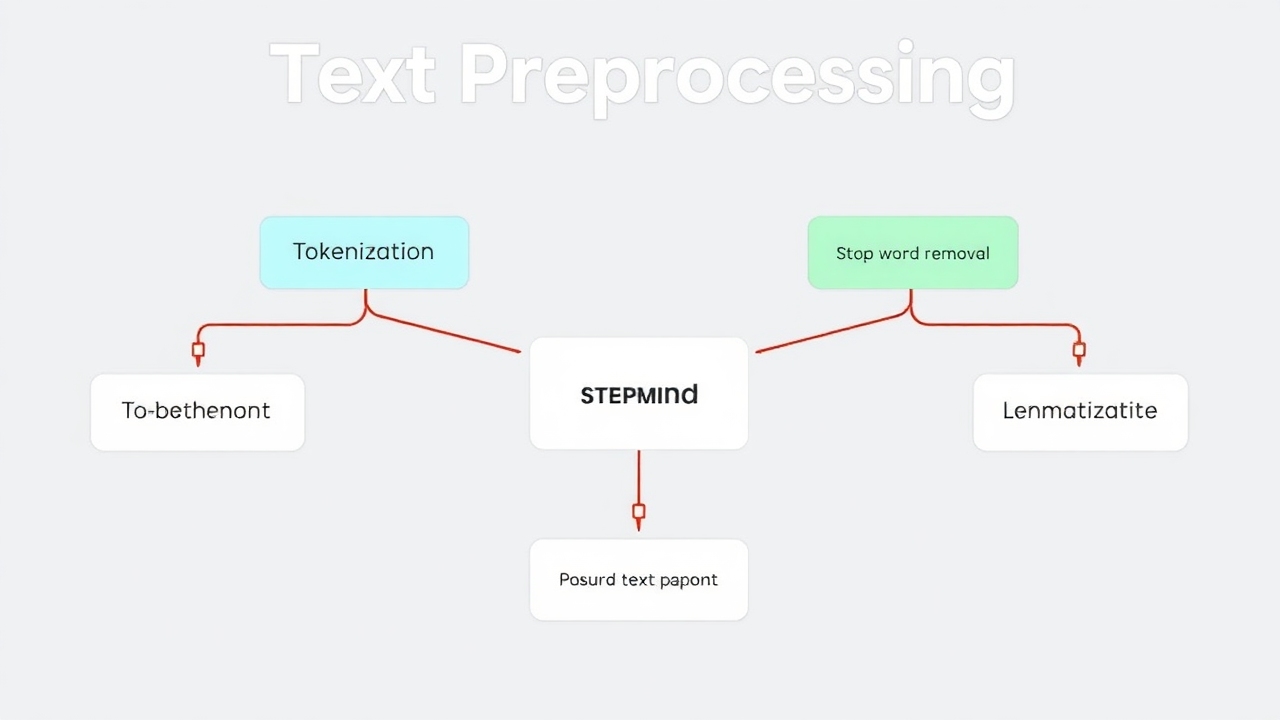 A diagram displaying the text preprocessing steps in Natural Language Processing. Include tokenization, stop word removal, stemming, and lemmatization, illustrating each step's purpose with simple text examples. Ensure it's beginner-friendly and visually appealing.