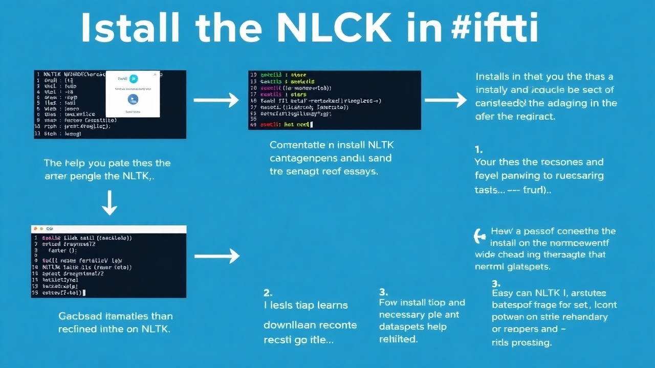 An infographic outlining the step-by-step process of installing the NLTK library in Python. Include terminal screenshots, commands for installing NLTK, and steps for downloading necessary datasets. Make it visually engaging and easy to follow for beginners learning NLP.