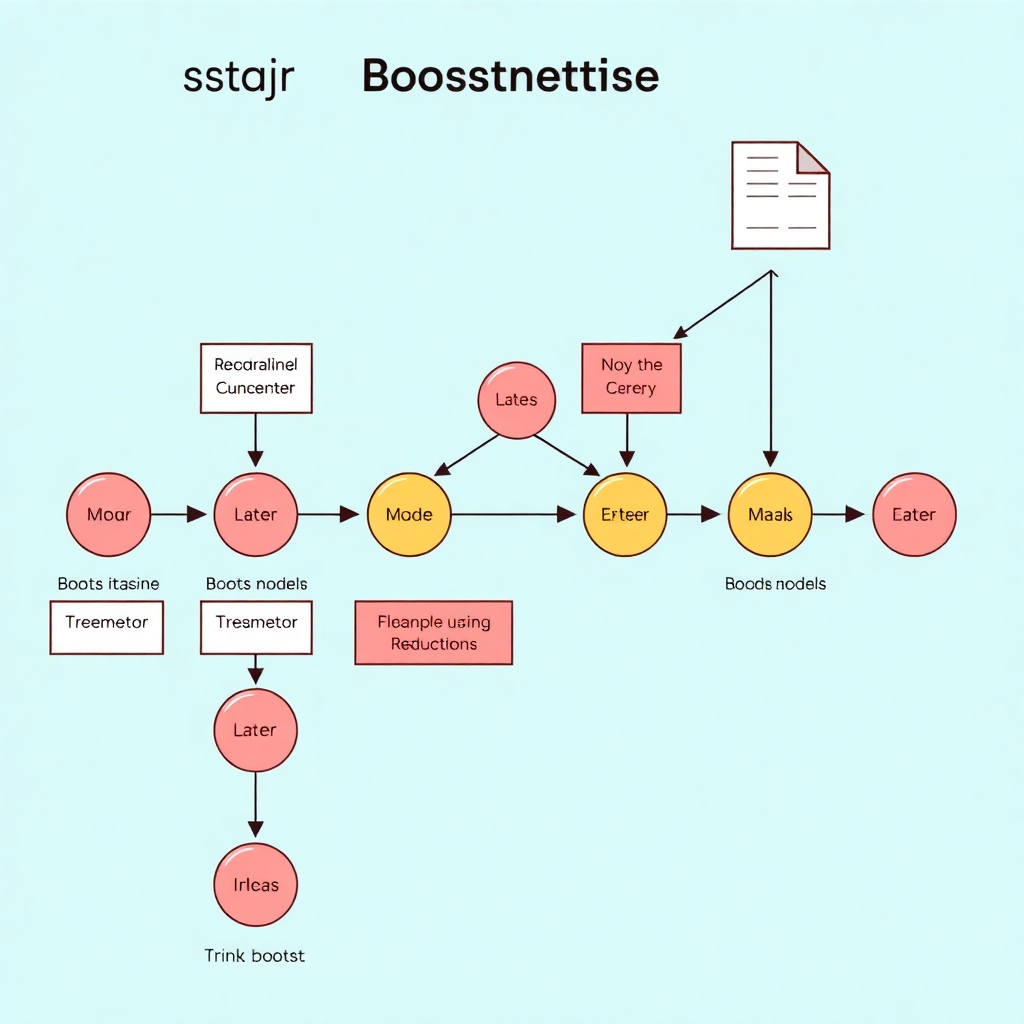 An illustration of Boosting in ensemble methods. Depict the sequential training of models that correct errors from previous models. Show a flowchart of how models are trained one after another, leading to a final strong prediction, with an example using XGBoost or similar terminology.