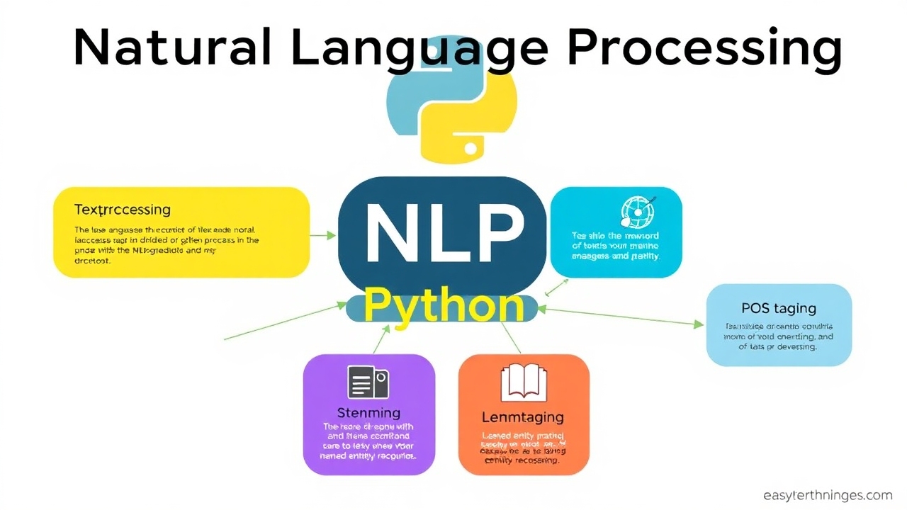 A visual representation of the basics of Natural Language Processing (NLP) with Python, showcasing key concepts such as text preprocessing, tokenization, stop word removal, stemming, lemmatization, POS tagging, and named entity recognition. Include icons or illustrations for each concept to provide a clear understanding. Use an easy-to-understand layout suitable for beginners.