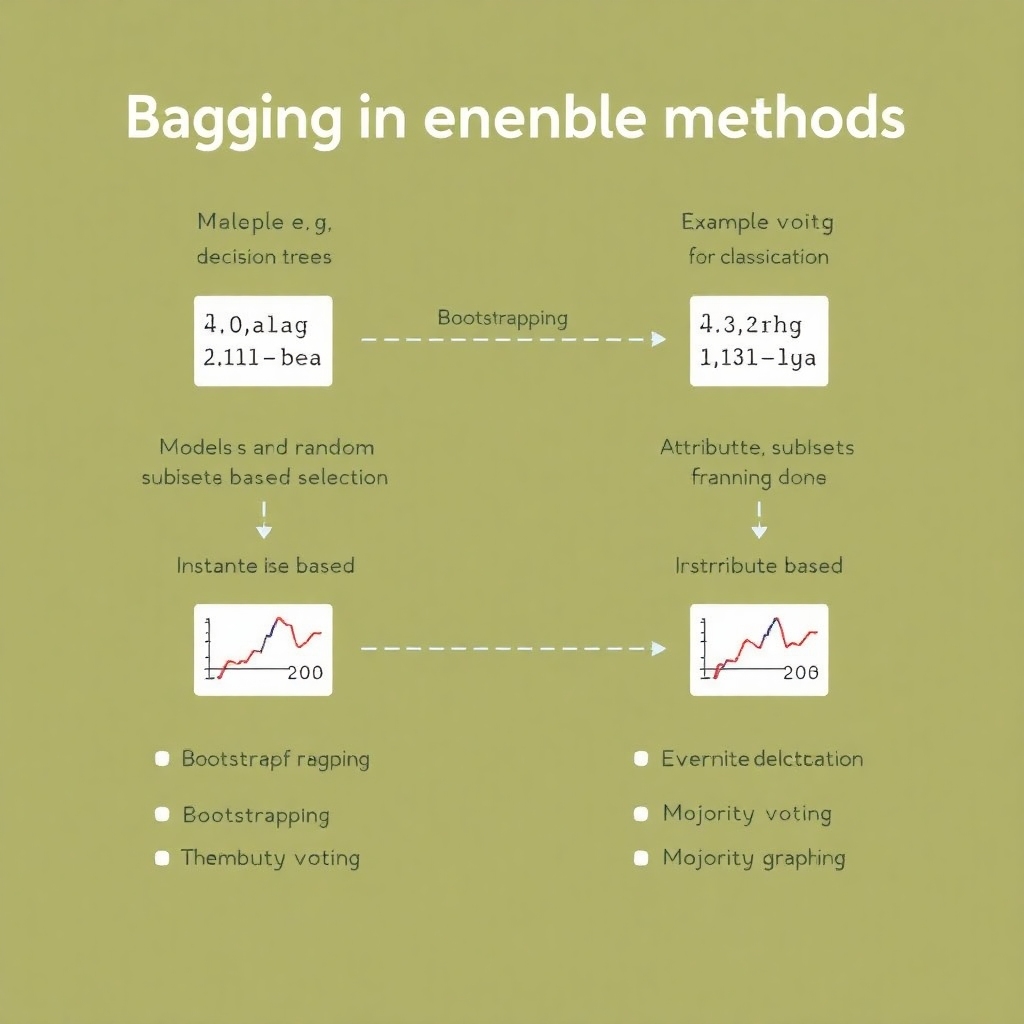 A visual representation of Bagging in ensemble methods. Show how multiple models (e.g., decision trees) are trained on random subsets of training data, illustrating instance-based and attribute-based selection. Include concepts like bootstrapping, averaging for regression, and majority voting for classification, along with example graphics to create a clear understanding.