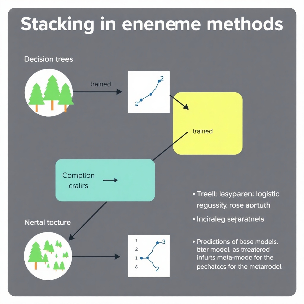 A diagram explaining Stacking in ensemble methods. Illustrate how different types of models (e.g., decision trees, logistic regression, neural networks) are trained separately, and how their predictions are combined into a final meta-model. Include visual cues to explain how predictions of base models are treated as inputs for the meta-model, leading to enhanced accuracy.