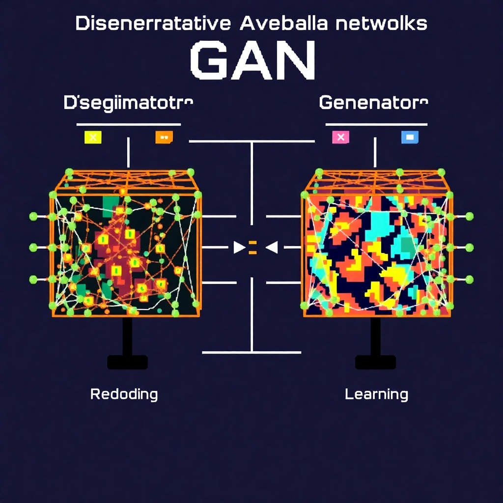 An artistic representation of Generative Adversarial Networks (GANs) showing two deep neural networks competing with each other, one representing the Discriminator and the other the Generator, with visual indicators of their learning process in a creative style.