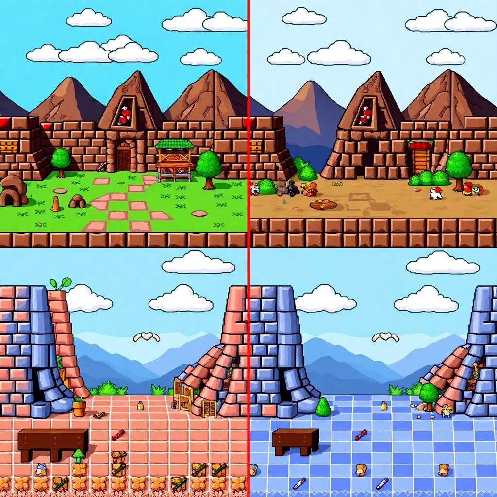 A side-by-side comparison of original NES game art with machine-generated 8-bit style art, each showcasing a distinct scene incorporating tiles and elements typical of 1980s video games, highlighting the contrast between computer-generated art and traditional hand-drawn graphics.