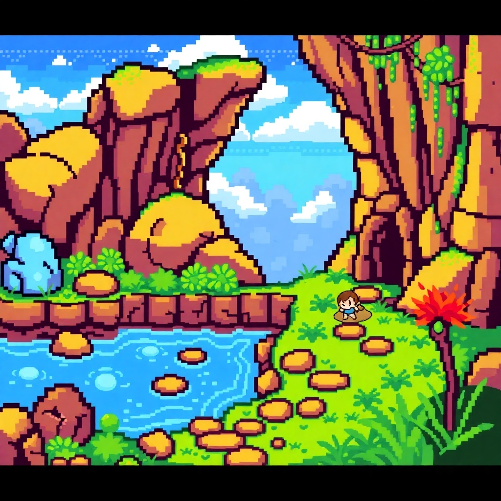 A colorful and imaginative 8-bit pixel art scenery, representing a nostalgic video game setting, inspired by classic NES games, with elements like stones, water, and fantasy backgrounds that would fit into a retro-style video game level.