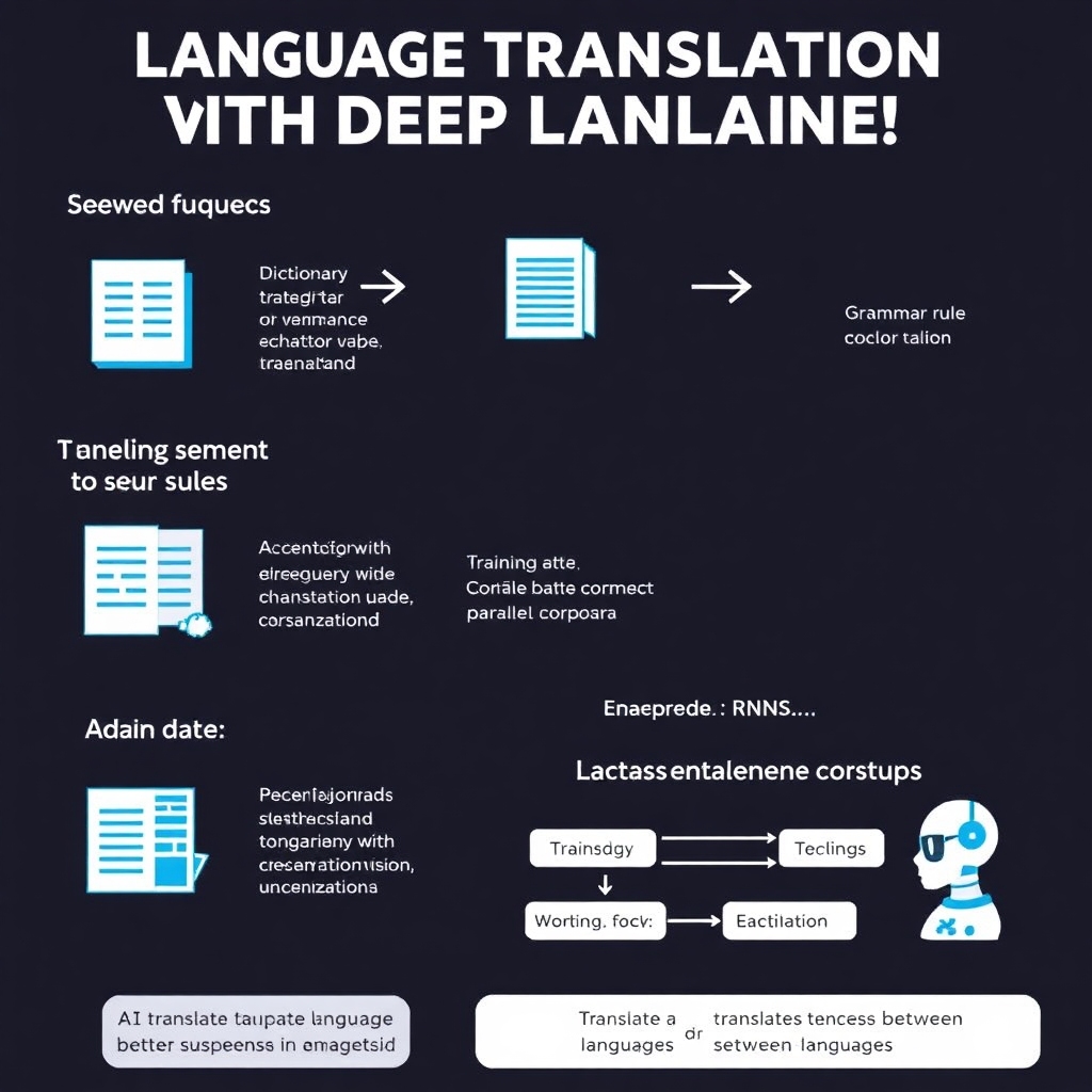 An infographic illustrating the process of language translation with deep learning, showcasing steps from simple word replacement to advanced sequence-to-sequence models. Include elements like a dictionary, grammar rules, training data (parallel corpora), and RNNs, culminating in a visual of AI translating sentences between languages.