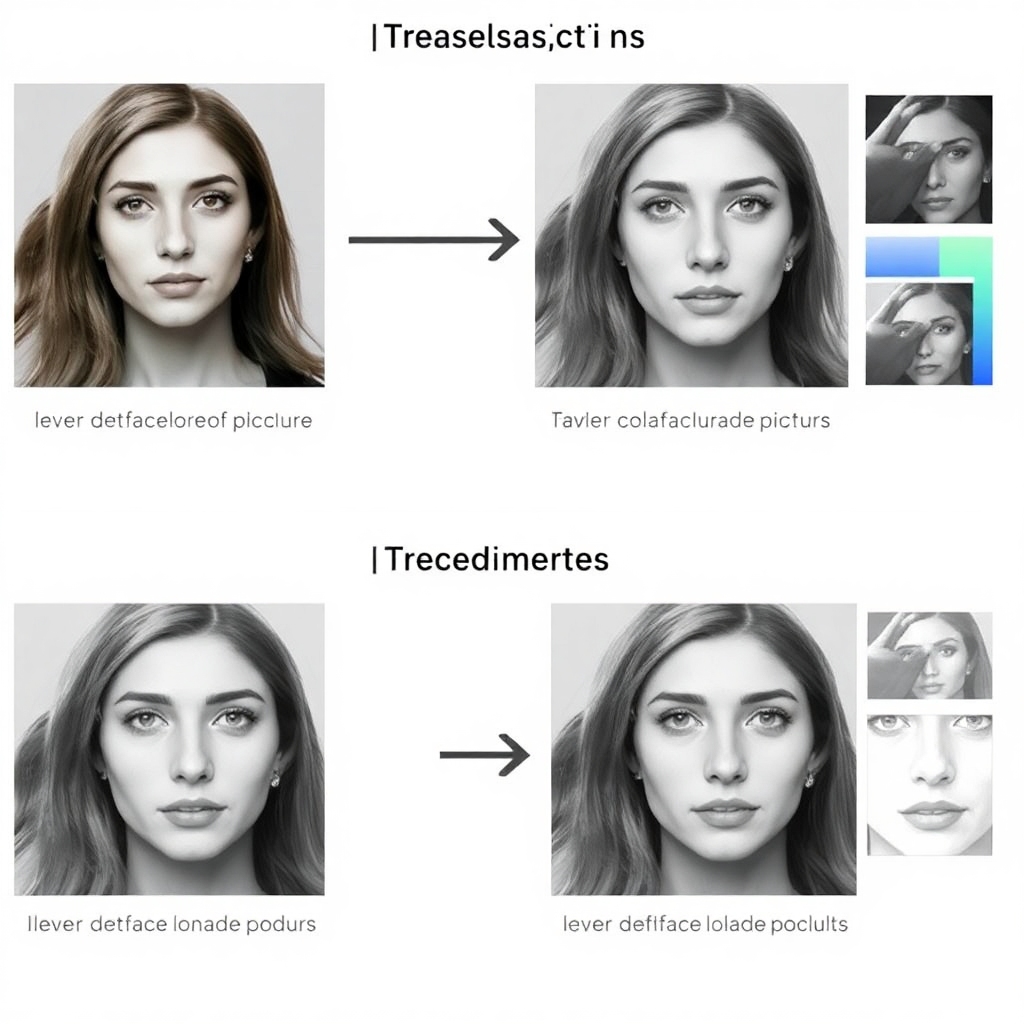 Illustration of the face detection process in machine learning, showing the transformation of a colored image into a black and white image, followed by the creation of gradients to find face structures. Include a visual step-by-step representation of the process.