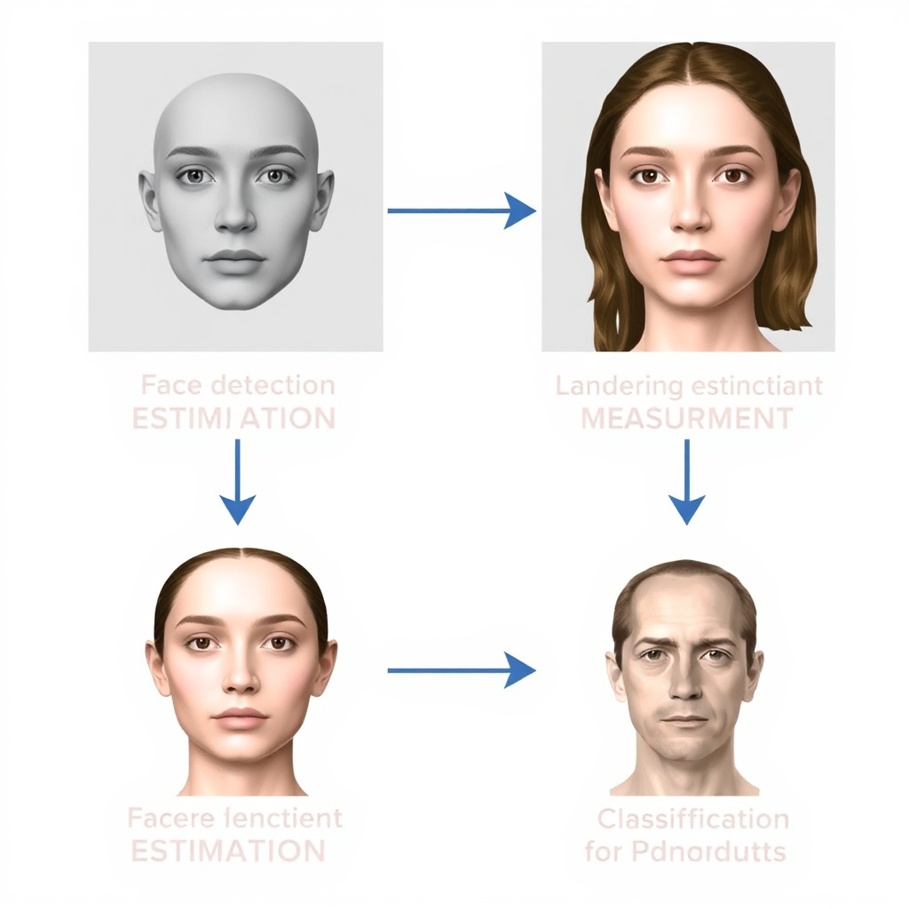 Diagram illustrating the four steps of modern face recognition using deep learning: face detection, landmark estimation, encoding measurements of faces, and classification to identify individuals. Each step should be visually distinct but connected to demonstrate the flow of the process.