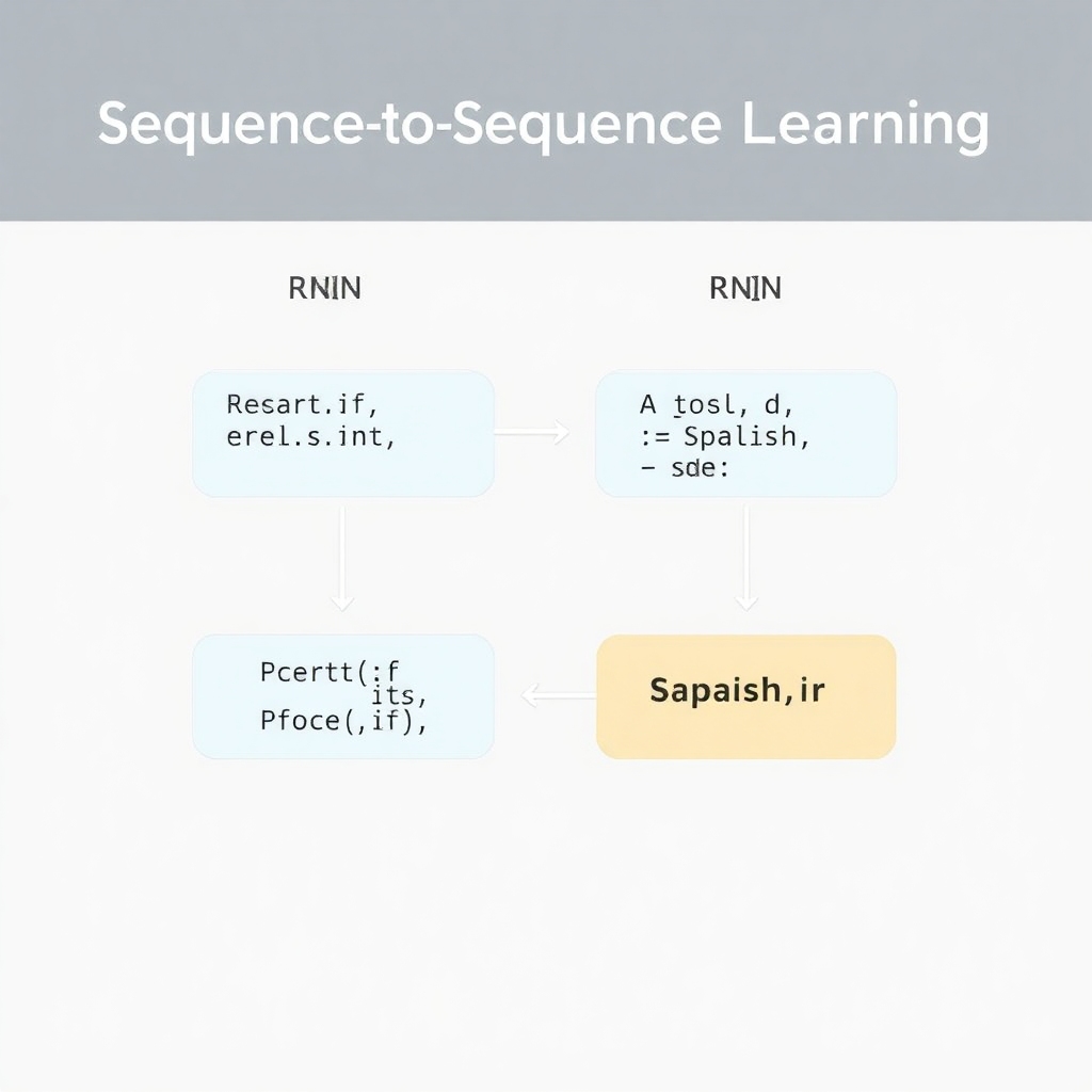 An illustration depicting the concept of sequence-to-sequence learning in machine translation. Show two RNNs connected, with one encoding a sentence in English and the second decoding it into Spanish, highlighting the flow of information.