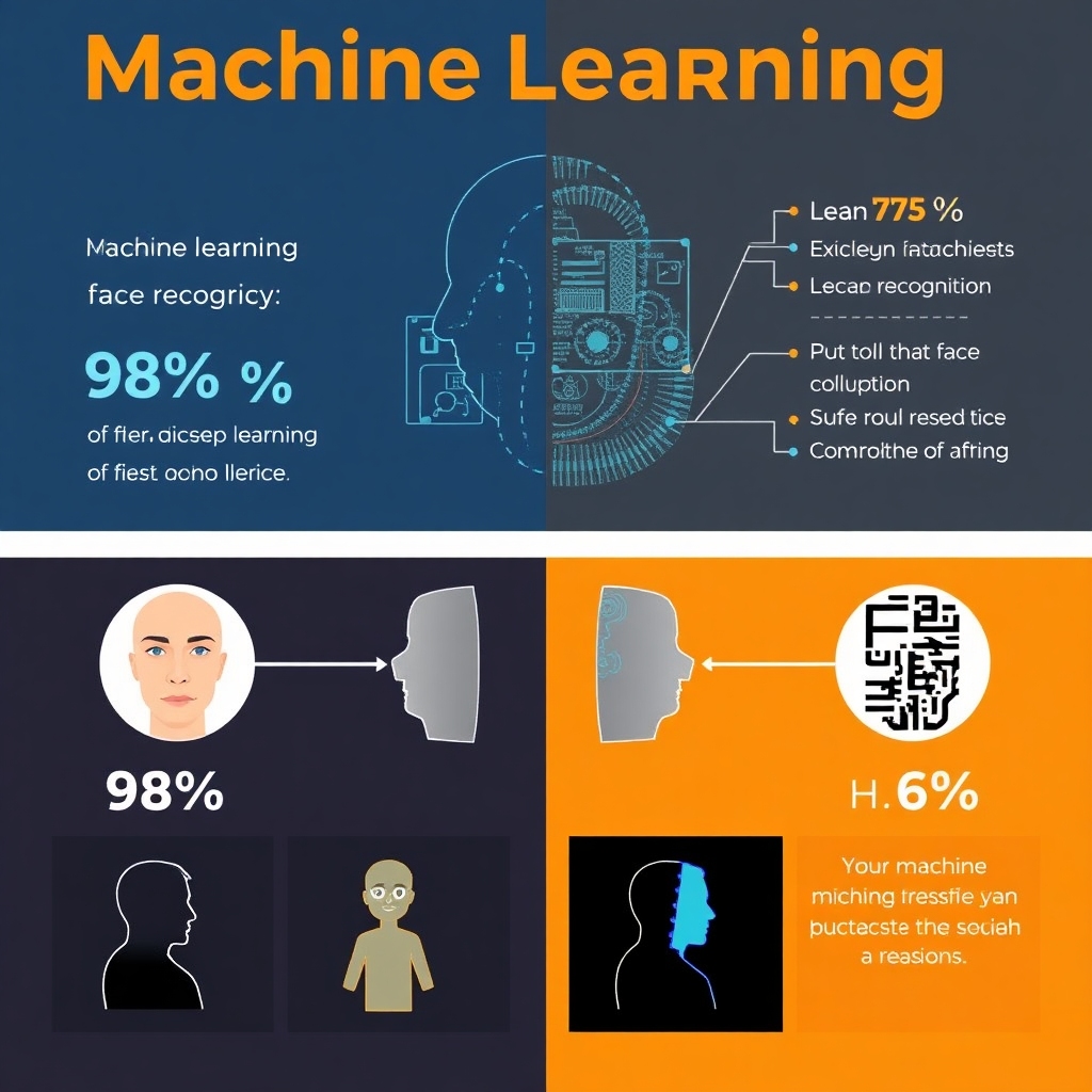 An infographic that summarizes the key findings from machine learning in face recognition, based on deep learning techniques. Highlight accuracy stats like 98% accuracy and include visuals to demonstrate comparison between human and machine recognition abilities.