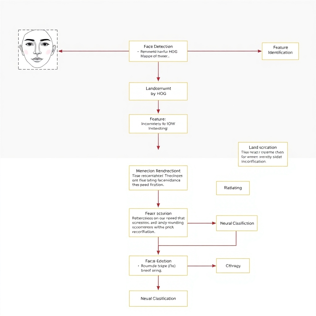 A detailed flowchart or pipeline diagram representing the entire face recognition algorithm process with distinct parts such as face detection using HOG, landmark identification, feature encoding with neural networks, and final classification. Each component should have brief descriptions or labels for clarity.