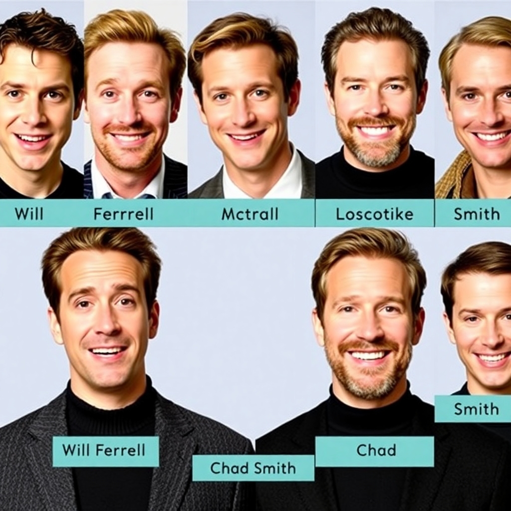 A creative and engaging representation of famous personalities like Will Ferrell and Chad Smith, with accompanying labels for face recognition context. Show how different face poses can confuse computers but not humans.