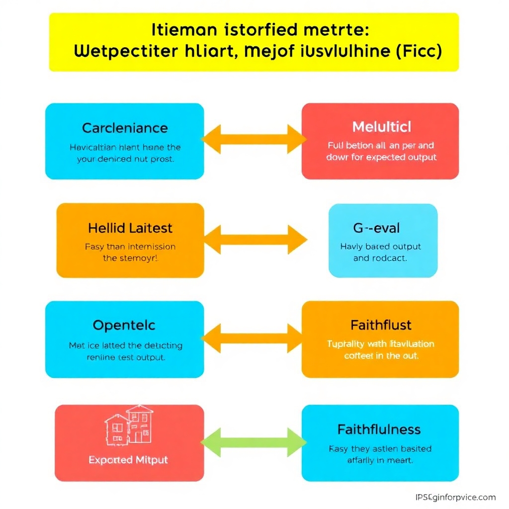 A detailed infographic illustrating the evaluation techniques for detecting hallucinations in RAG systems. Include icons for metrics like Hallucination Metric, G-Eval, and Faithfulness, with arrows showing how these metrics compare against expected output. Use a bright color scheme to make it visually appealing and easy to understand.