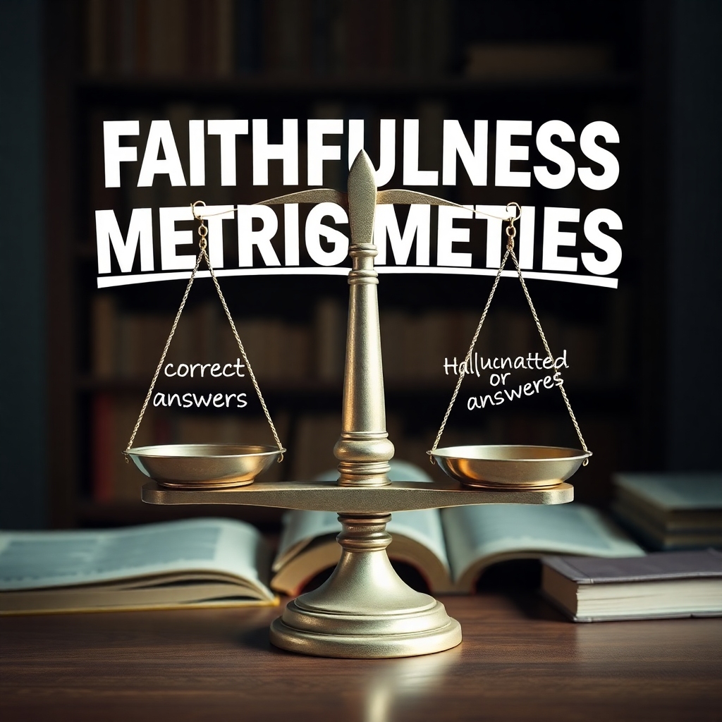 A creative artwork displaying the concept of faithfulness metrics in LLM outputs. Visualize a balance scale with one side showing correct answers and the other showing hallucinated or incorrect answers. The background should have elements of books or knowledge to symbolize accuracy and learning. Keep it artistic and thought-provoking.