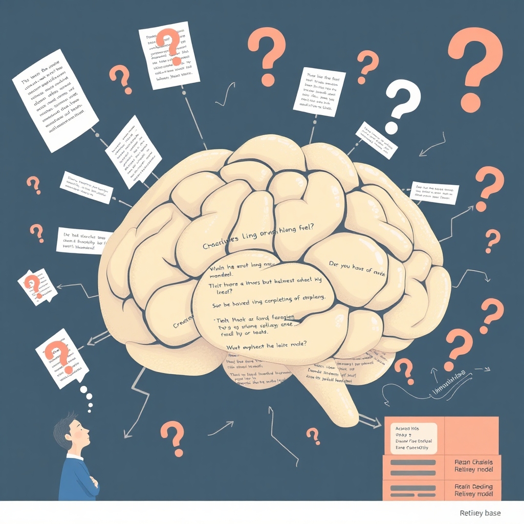 An illustration depicting the concept of hallucination in language models. Show a large language model represented as a brain, surrounded by text snippets and question marks, indicating confusion and incorrect answers. Include elements like a person looking puzzled and data coming from a retrieval base. Use a digital art style to emphasize the technology aspect.