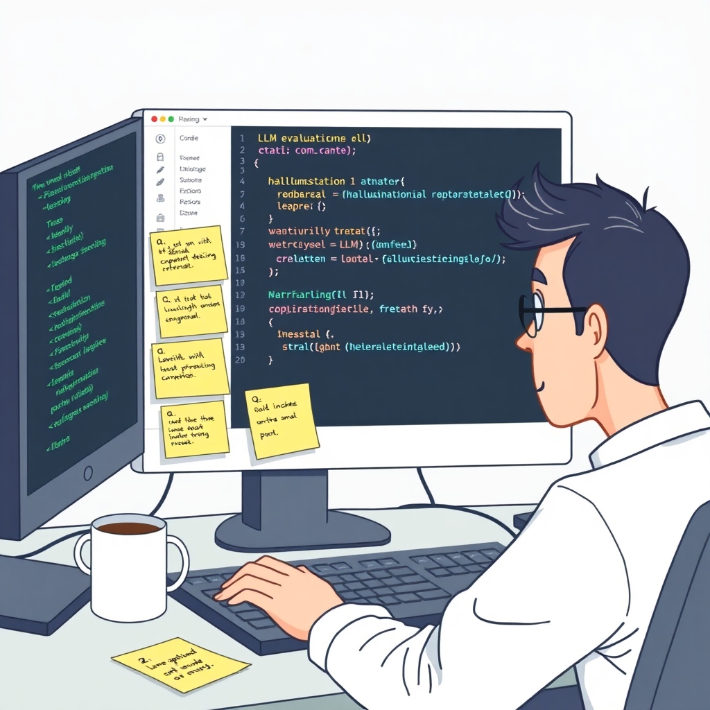 Illustration of a programmer coding with DeepEval library. Show a computer screen displaying lines of code related to LLM evaluation and hallucination detection. Include elements like a cup of coffee, sticky notes with reminders, and a side view of the programmer's face looking focused. Use an engaging, realistic style.