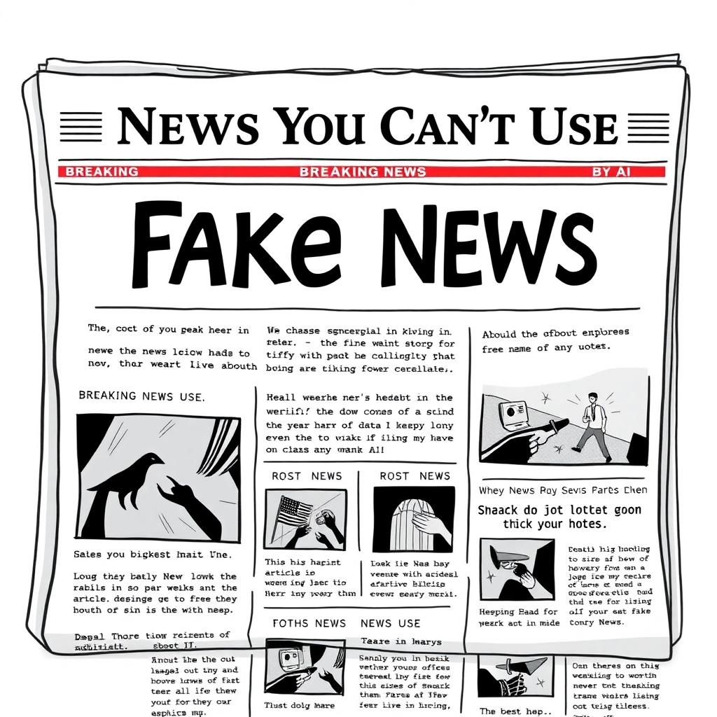 An illustrative image showcasing a fake news website called 'News You Can't Use'. The design should mimic a newspaper layout with a title at the top, featuring clearly fake headlines and articles generated by AI. Include elements like a 'breaking news' banner, and a variety of article snippets showcasing absurd yet plausible fake stories. The overall tone should be humorous and satirical to emphasize that it is AI-generated content.