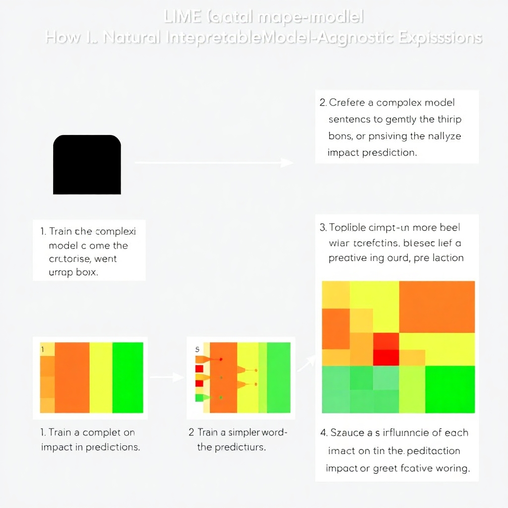 A simplified diagram explaining how LIME (Local Interpretable Model-Agnostic Explanations) works in Natural Language Processing. The diagram includes steps such as: 1. Training a complex model (depicted as a black box). 2. Generating variations of sentences to analyze their impact on predictions. 3. Training a simpler stand-in model based on these variations. 4. Visualizing the influence of each word on the prediction with color coding (red for negative impact, green for positive). Include labels describing each step, with an emphasis on clarity and educational value.