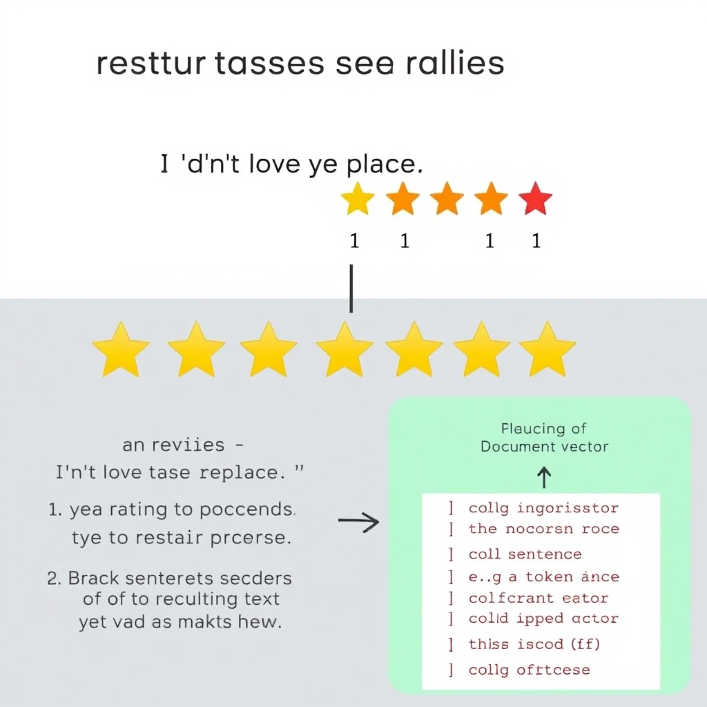 An illustrative image showing the concept of a fastText classifier predicting star ratings for a restaurant review. Include components like: - An example review text labeled 'I didn’t love this place :( ' - Arrows pointing to star ratings from 1 to 5, with the predicted star rating highlighted. - A visual representation of the mathematical process (e.g., breaking sentences into tokens and the resulting document vector). This should aim to clearly demonstrate how the classifier processes text and assigns ratings.