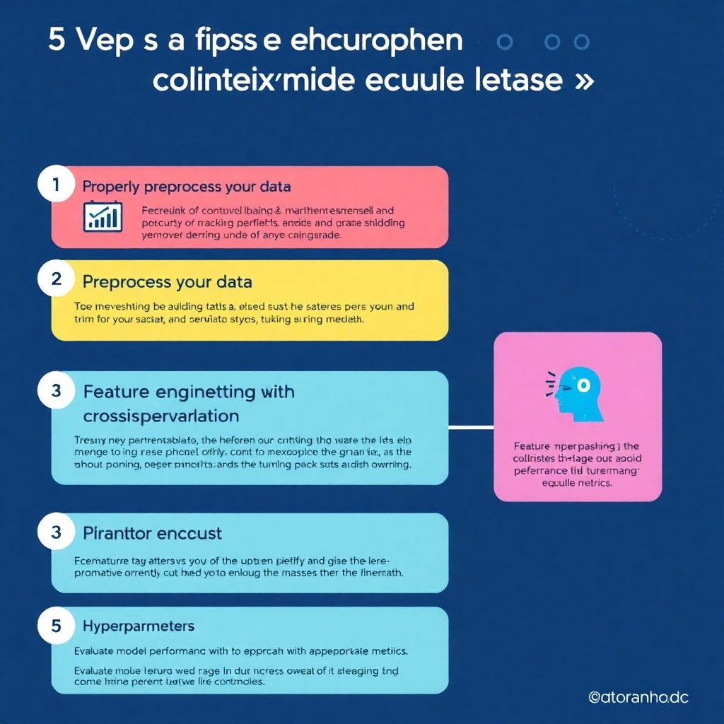 A visually appealing infographic illustrating the 5 tips for avoiding common rookie mistakes in machine learning projects. Each tip should be represented distinctly, with icons and brief descriptions. The tips are: 1. Properly Preprocess Your Data 2. Avoid Overfitting with Cross-Validation 3. Feature Engineering and Selection 4. Monitor and Tune Hyperparameters 5. Evaluate Model Performance with Appropriate Metrics. The design should be modern and suitable for educational content.