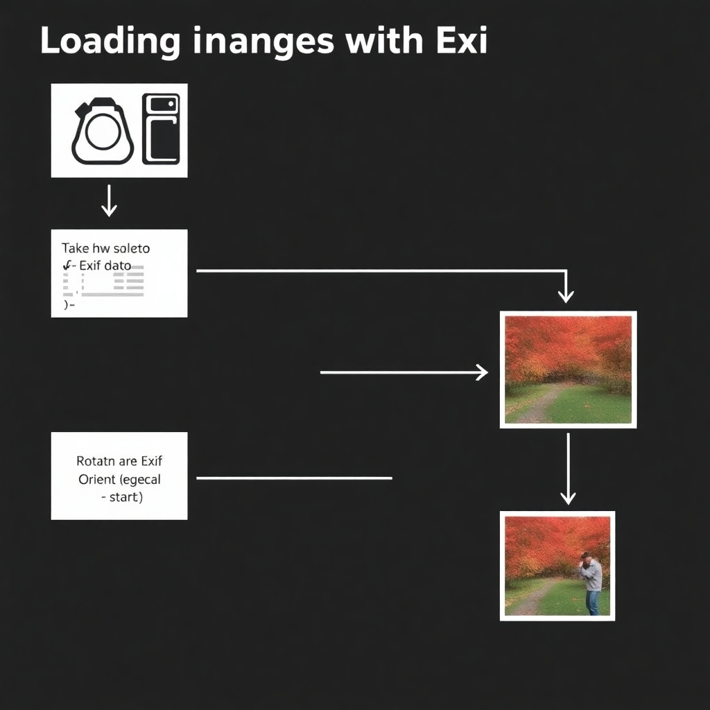 A flowchart illustrating the process of loading images with Exif Orientation in Python. Start with taking a photo, then saving it with Exif data, loading it into a Python program, checking for Exif Orientation, and rotating the image if necessary before passing it to a machine learning model. Use arrows to show the flow between each step and highlight the importance of handling Exif data.