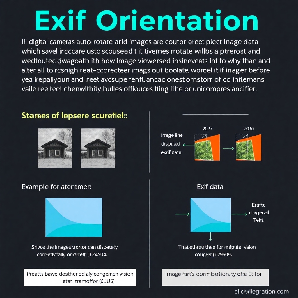 An infographic explaining Exif Orientation in images, detailing how digital cameras auto-rotate images and save metadata without altering the image data. Include sections on how image viewers interpret Exif data, examples of images being displayed correctly vs. incorrectly, and the impact on computer vision applications. Use clear visuals and labels, colorful diagrams to convey information effectively.