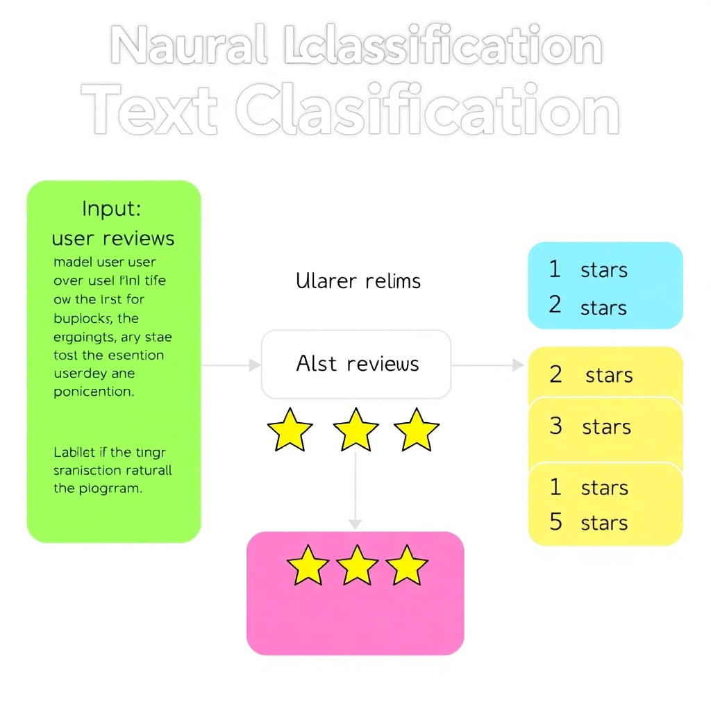 A visual representation of text classification in Natural Language Processing. Show a simple flowchart with inputs (user reviews) leading to a classification model, with outputs as labels (like '1 star', '2 stars', …, '5 stars'). Use engaging colors and a clear layout suitable for educational purposes.