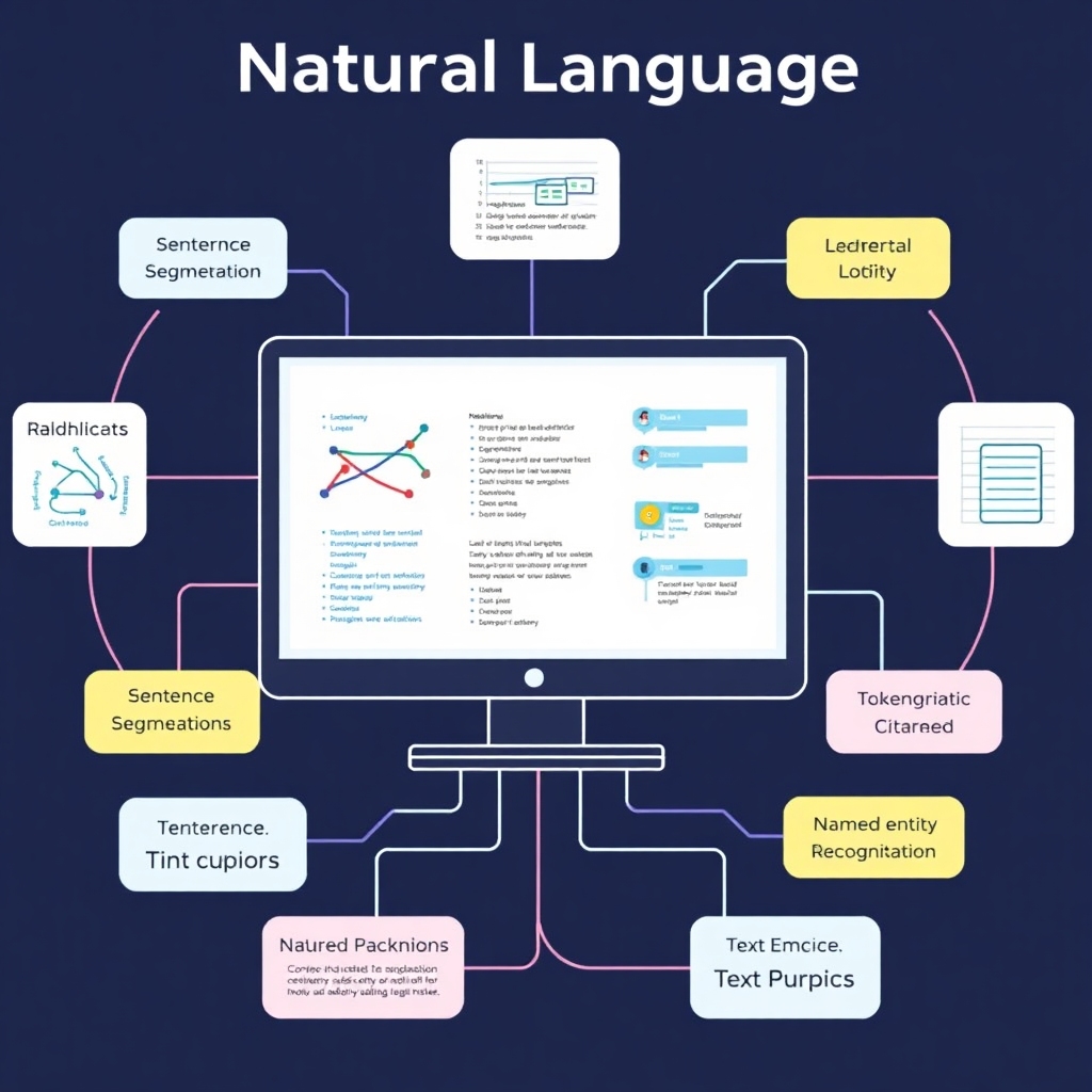 An illustration depicting Natural Language Processing, showcasing a computer with graphs and text analysis. Include elements like sentence segmentation, tokenization, and named entity recognition in a flowchart style. Bright and engaging colors for educational purposes.