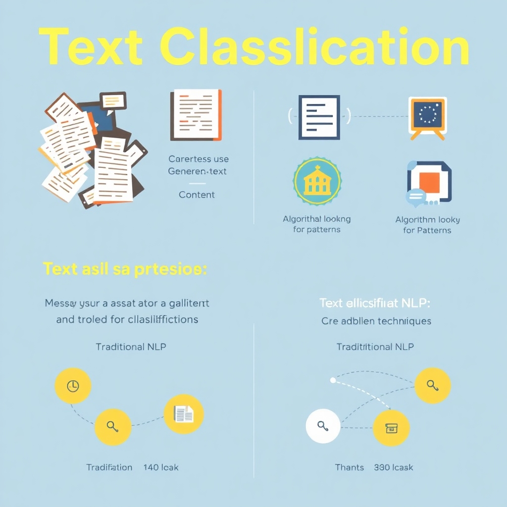 An infographic illustrating the challenges and effectiveness of text classification. Include visuals such as messy user-generated content, algorithms looking for patterns, and comparisons of traditional NLP vs classification techniques. Use icons and diagrams for clarity and appeal.