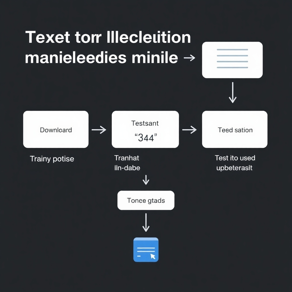 A diagram showing the steps of creating a text classification model using fastText. Include steps like downloading training data, formatting data, training the model, testing the model, and deploying it for prediction. Use a clean, instructional style.