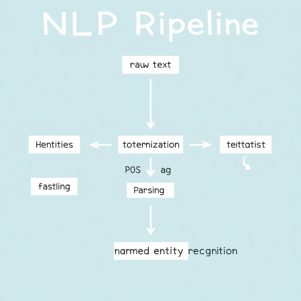 A visual representation of the NLP pipeline. Start with a raw text, show steps like chunking, tokenization, lemmatization, POS tagging, and parsing culminating at named entity recognition. Use arrows to indicate the flow and progression between steps. Friendly and educational design, suitable for a learning audience.