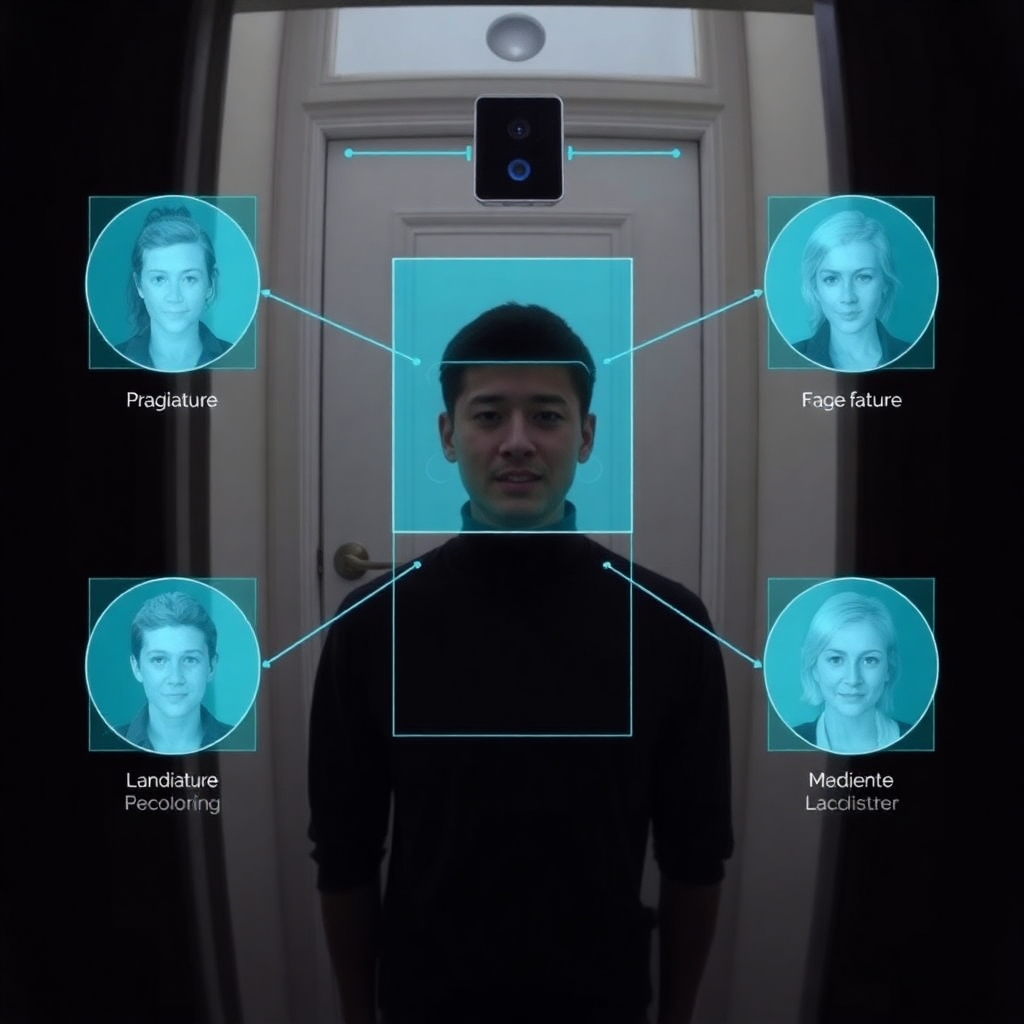 A visual representation of face recognition technology in action, showing a person standing in front of a doorbell camera. Include overlay graphics showing facial features being detected and processed by the system.