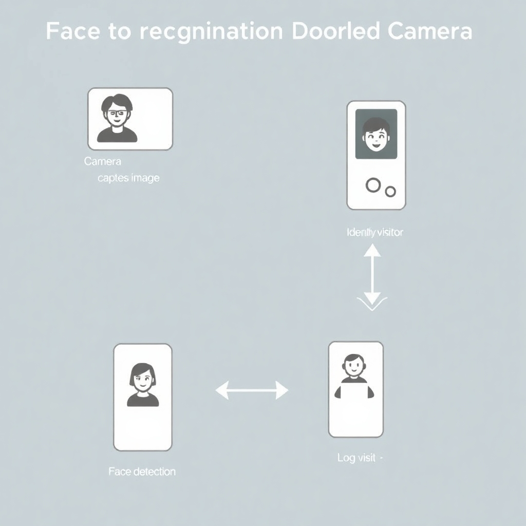 An illustrative diagram showing the workflow of a face recognition doorbell camera system. Include elements like 'Camera captures image', 'Face detection', 'Face recognition', 'Identify visitor', and 'Log visit'. Use a clean, informative style with arrows connecting each step.