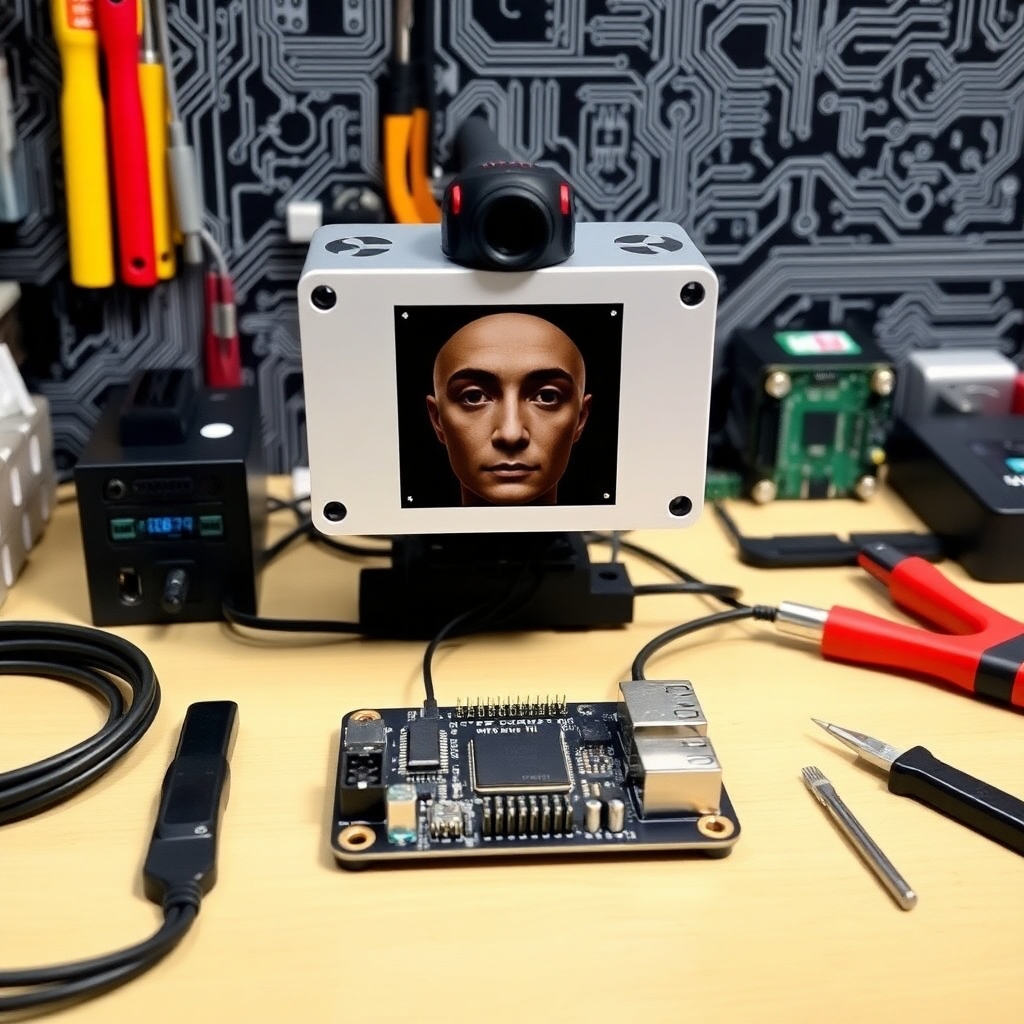 A sleek and modern hardware-based face recognition system built using Nvidia Jetson Nano. The setup includes the Jetson Nano board, a Raspberry Pi camera module, and a well-organized workspace with tools and components. Emphasize the technology aspect with a techy background.