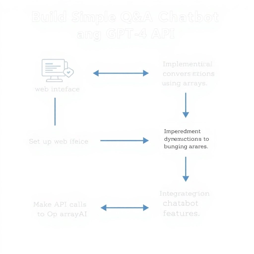 A flowchart showing the process of building a Simple Q&A Chatbot using the GPT-4 API, detailing steps like: 1. Setting up the web interface 2. Implementing dynamic conversations using arrays 3. Making API calls to OpenAI 4. Integrating chatbot features.