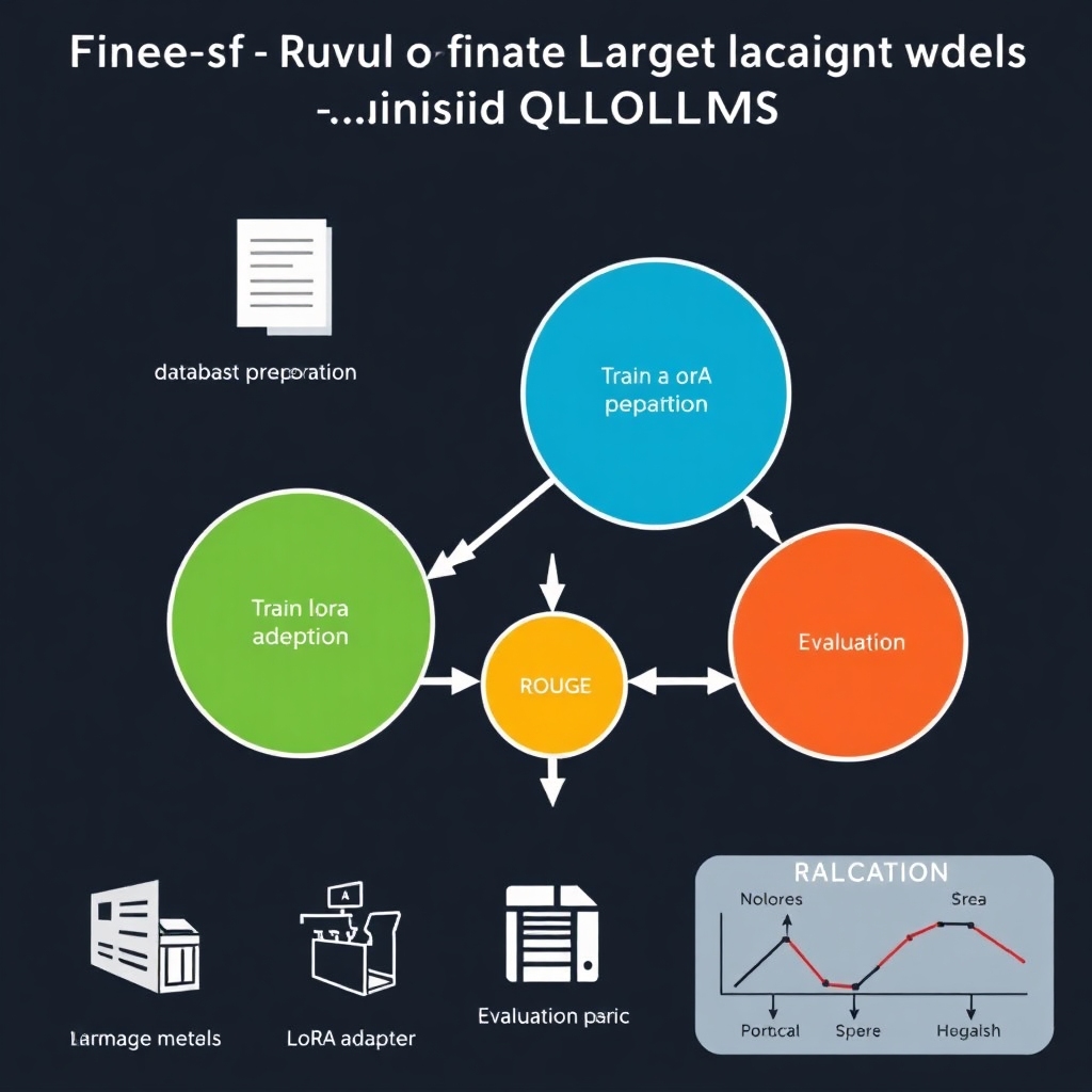 An infographic depicting the fine-tuning process of Large Language Models (LLMs) using QLoRA. Include components such as dataset preparation, training a LoRA adapter, and evaluation metrics like ROUGE.