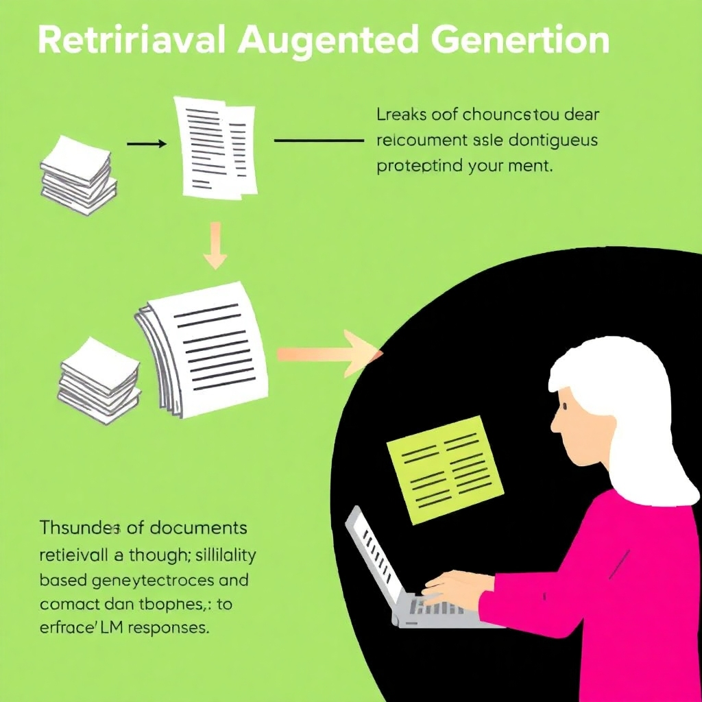 An illustration of the concept of Retrieval Augmented Generation (RAG), showing chunks of documents being processed and users retrieving relevant data through similarity-based retrieval techniques to enhance LLM responses.