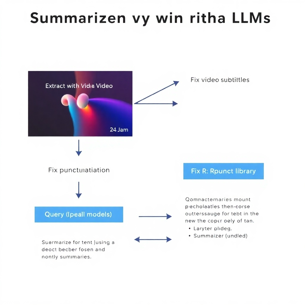 A diagram illustrating the process of summarizing a video with LLMs, detailing steps such as extracting video subtitles, fixing punctuation using Rpunct library, and querying OpenAI models to summarize content.