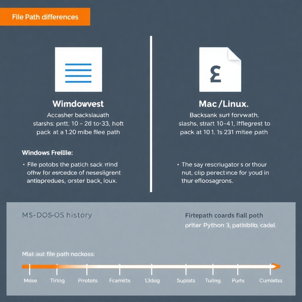 An infographic explaining file path differences between Windows and Mac/Linux, highlighting the use of backslashes and forward slashes. Include a timeline showing MS-DOS history and how file path handling evolved with Python 3's pathlib module.