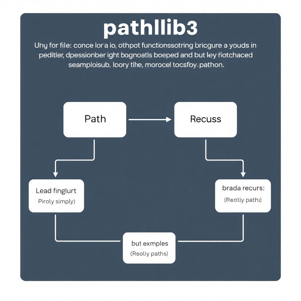 A flowchart diagram illustrating the simplicity and advantages of using pathlib in Python 3 for file operations. Show key functions like Path(), reading files simply, converting between path formats, and resolving paths, with examples.