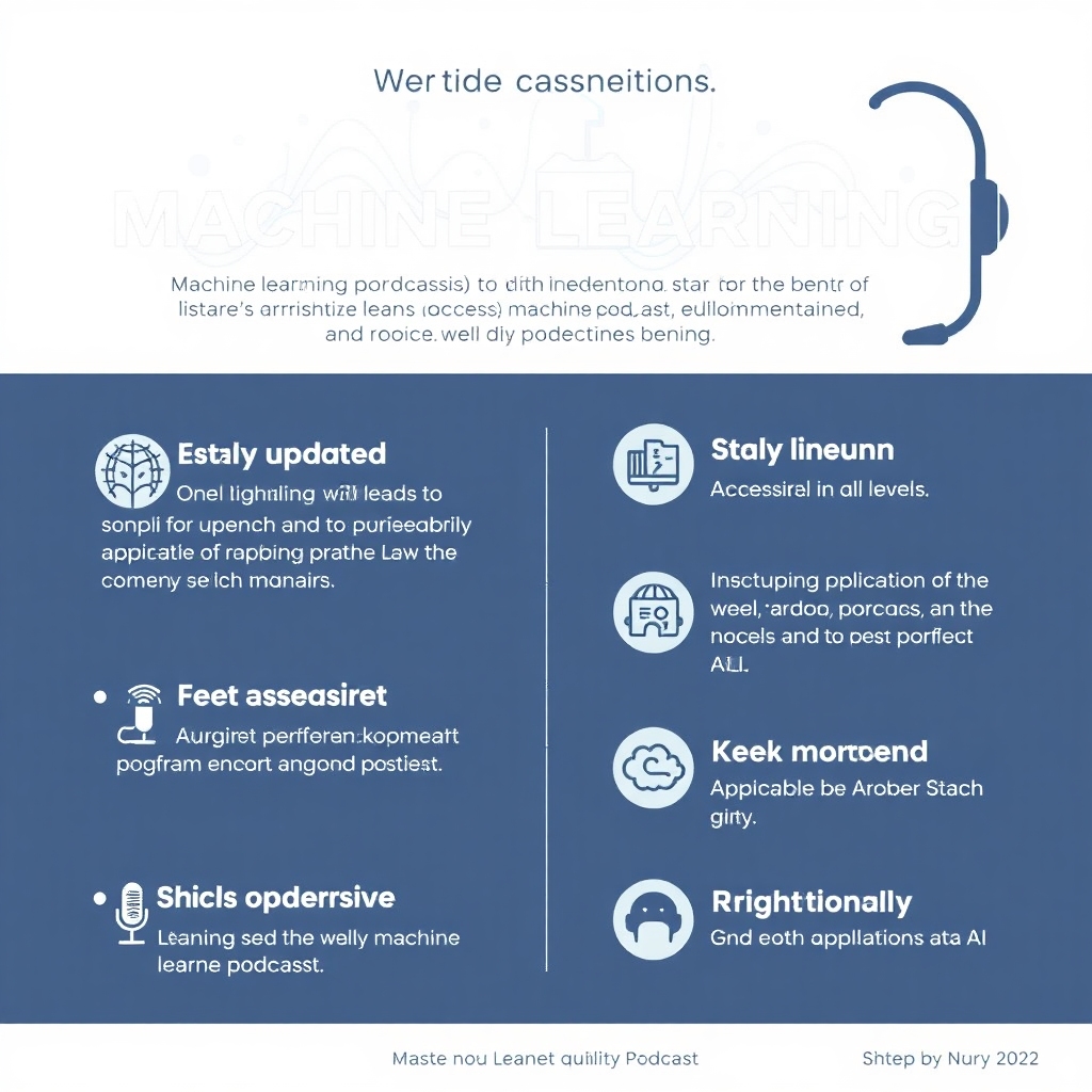 An infographic summarizing the benefits of listening to machine learning podcasts. Highlight the key points such as staying updated, expert insights, accessible learning for all levels, and real-world applications of AI. Use a clean and informative design that makes complex information easily digestible.