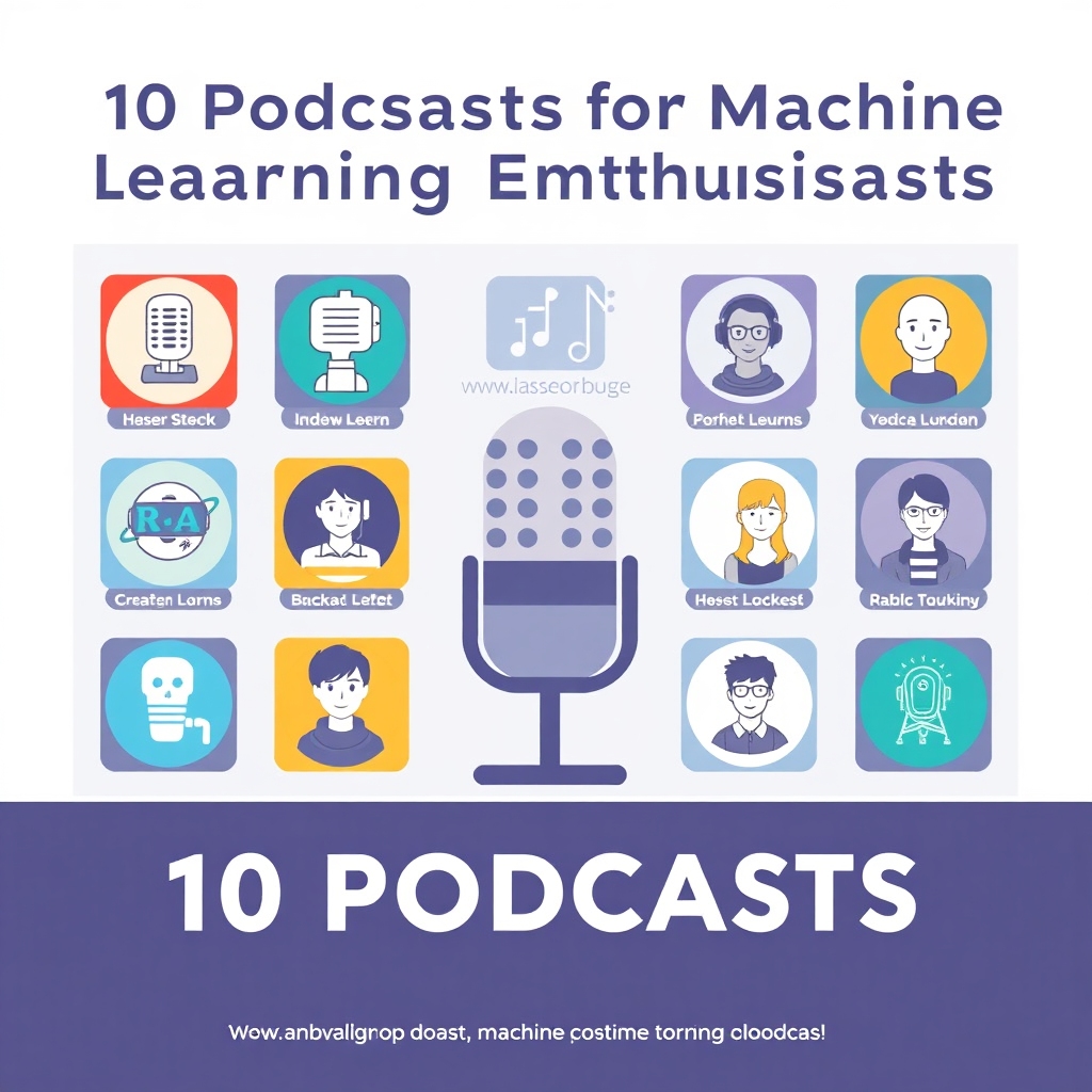 An engaging illustration showcasing '10 Podcasts for Machine Learning Enthusiasts.' Include icons or symbols representing each podcast title and host. Depict a blend of AI elements and audio themes, focusing on innovation and enthusiasm in learning. The design should attract attention and encourage learning about machine learning through podcasts.