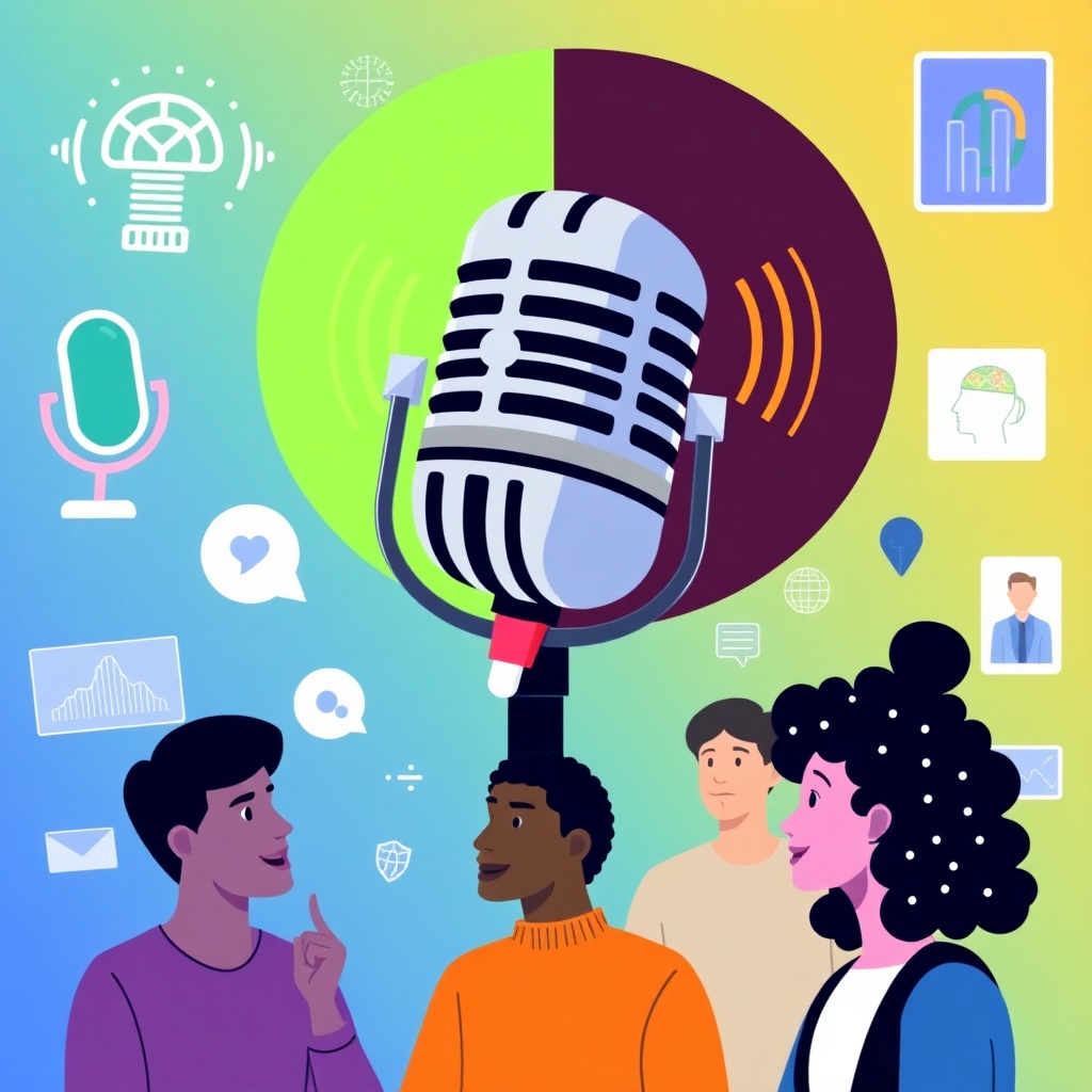 A visual representation of key themes in machine learning podcasts. Include elements such as microphones, AI symbols, ears tuned to sound waves, data visualizations, and diverse individuals engaged in conversation. The style should be modern and colorful, appealing to technology enthusiasts.