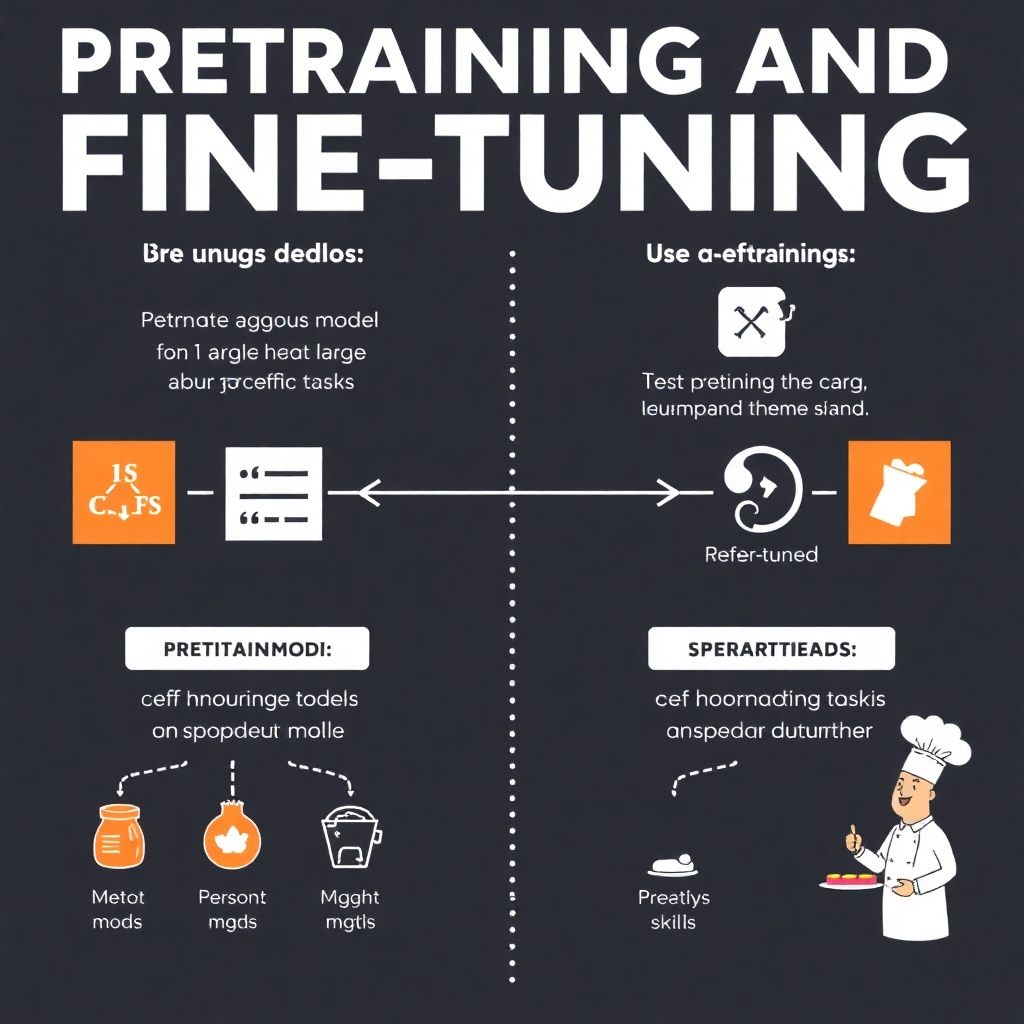 An infographic illustrating 'Pretraining and Fine-tuning'. Depict the process of a language model being pretrained on large datasets and then fine-tuned on specific tasks. Use a chef metaphor to explain the concept of refining skills, showing stages of learning and adaptation.