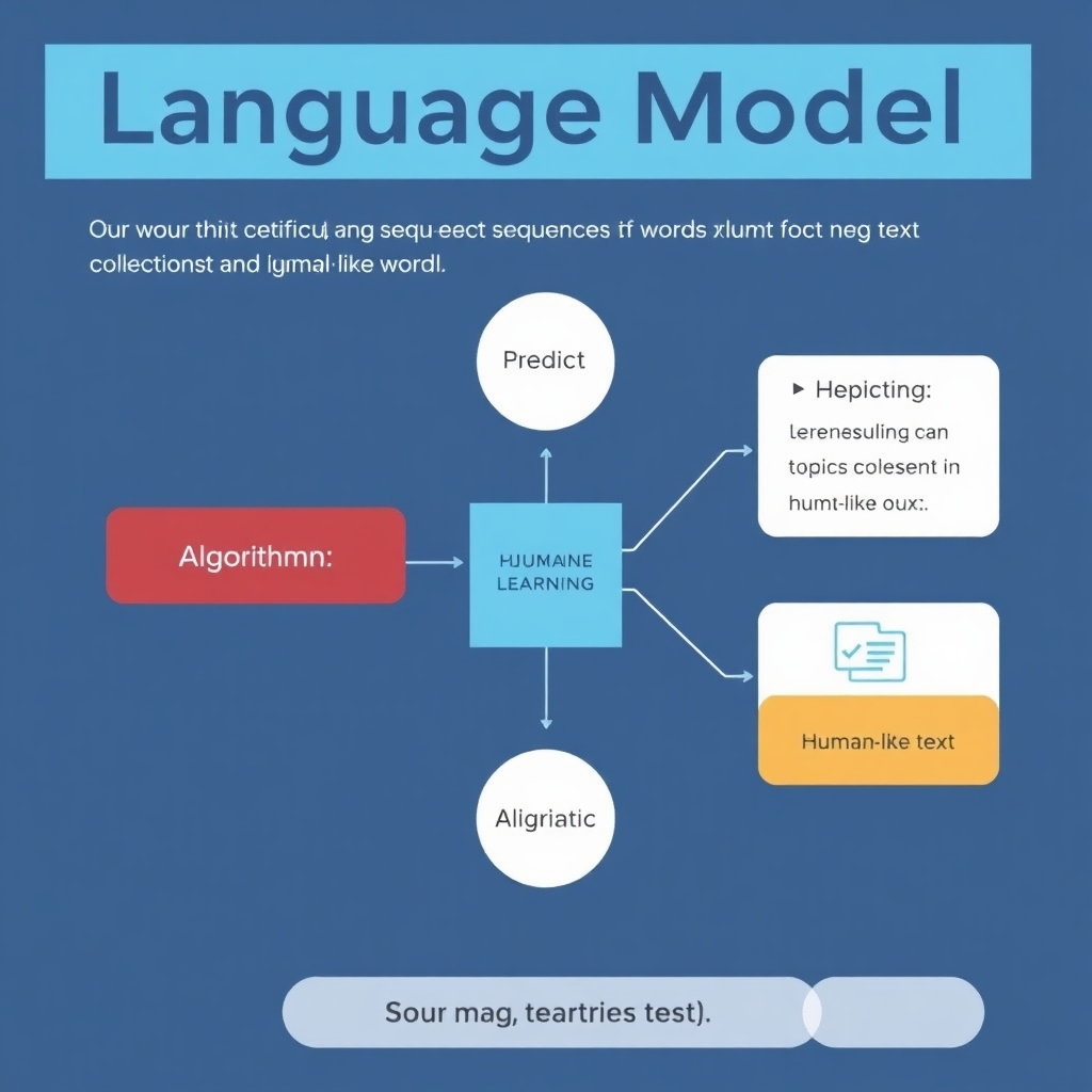 An infographic illustrating 'Language Model' concept. Show a diagram with a flow chart representation of a language model predicting sequences of words, indicating its training on large text collections and its applications in generating human-like text. Include keywords like 'Algorithm', 'Predict', 'Human-like Text', 'Machine Learning'.