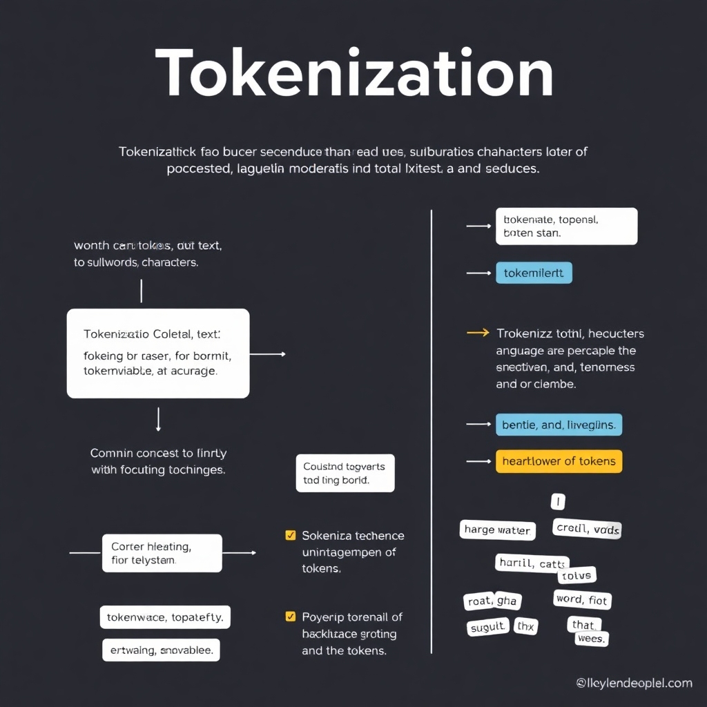 An infographic for 'Tokenization'. Illustrate the process of breaking text into tokens (words, subwords, characters). Show examples of different tokenization techniques, emphasizing the importance of efficiency and accuracy. Include visuals like different language snippets broken down into tokens to highlight the concept.